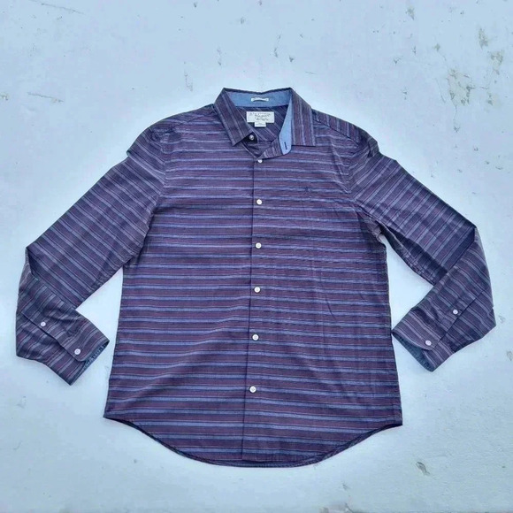 Penguin Munsingwear Button Up Shirt Men's Purple Gray Striped Long Sleeve Slim L - Picture 1 of 9